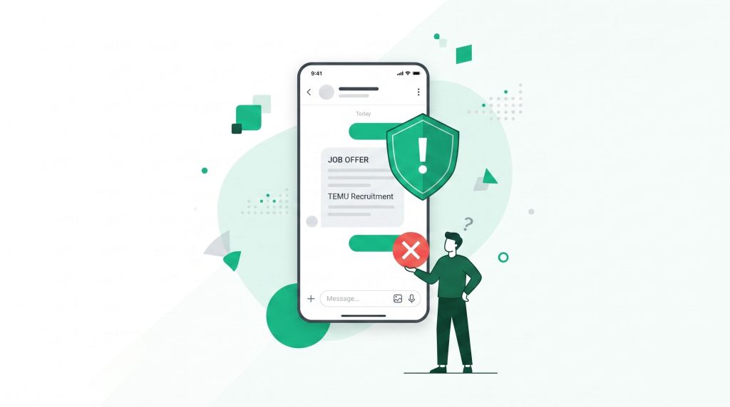 image showing a smartphone screen with a fake Temu job offer and an emerald green scam warning icon.