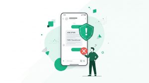 image showing a smartphone screen with a fake Temu job offer and an emerald green scam warning icon.