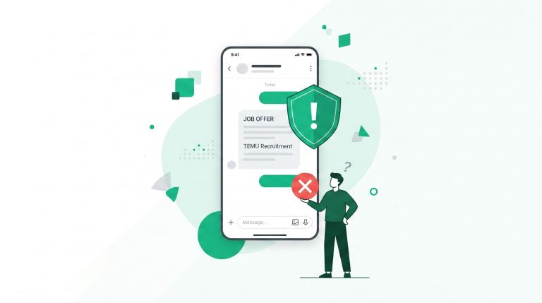 image showing a smartphone screen with a fake Temu job offer and an emerald green scam warning icon.