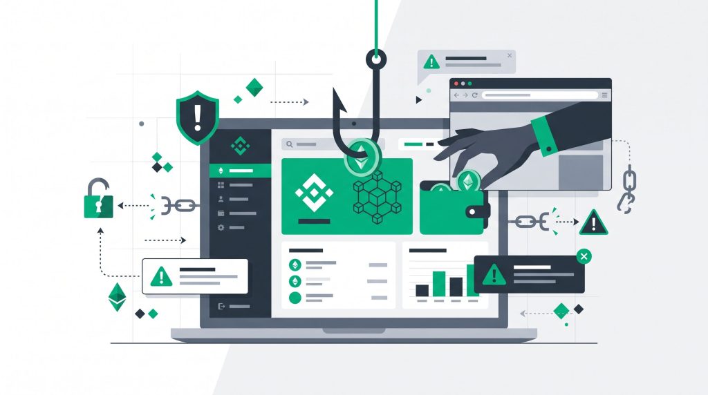 illustration of Binance scams, featuring a phishing hook and cyber theft targeting a laptop crypto wallet.
